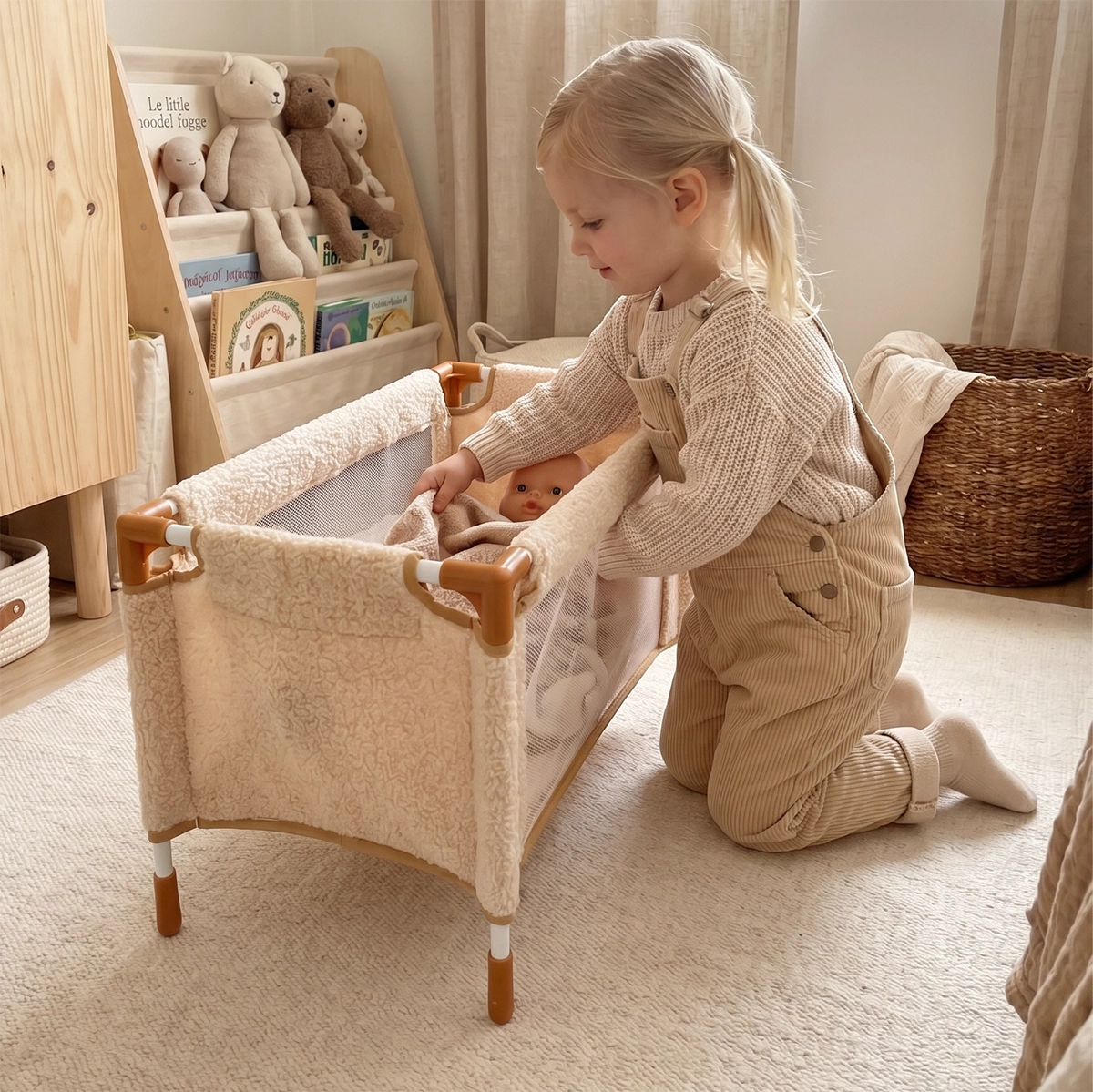 Young child kneeling beside a mesh crib, tucking a doll into a blanket in a cozy room.