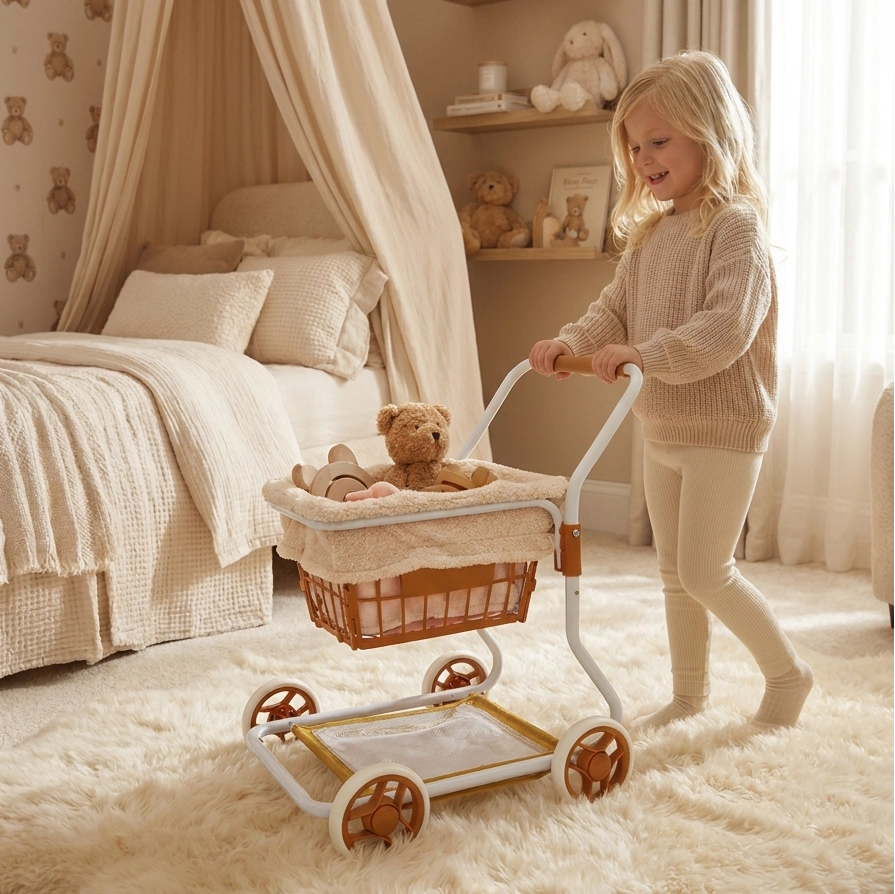 Little girl in beige sweater pushing toy stroller with teddy bear in cozy bedroom.