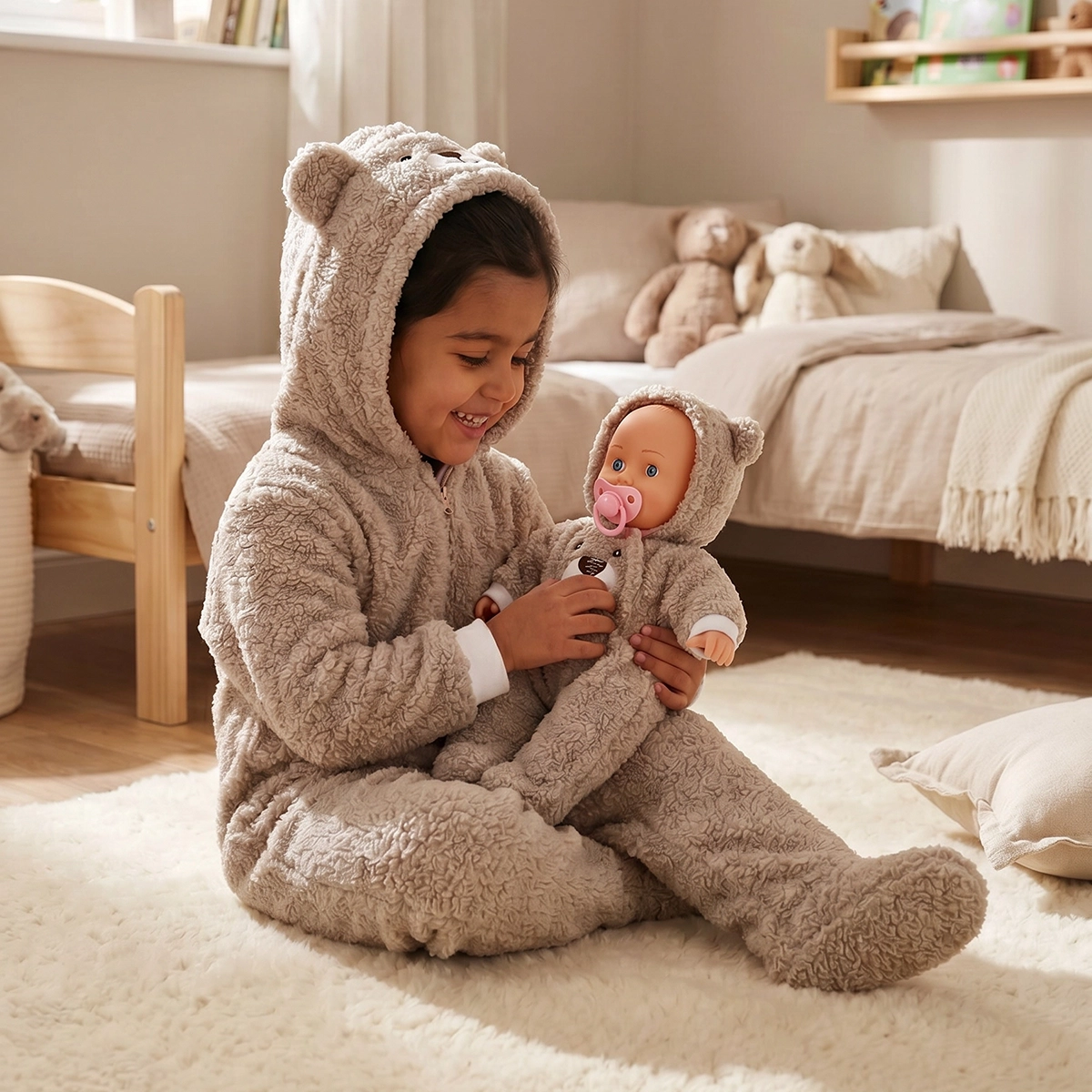 Child in a bear onesie playing with a matching bear-themed doll in a cozy bedroom.