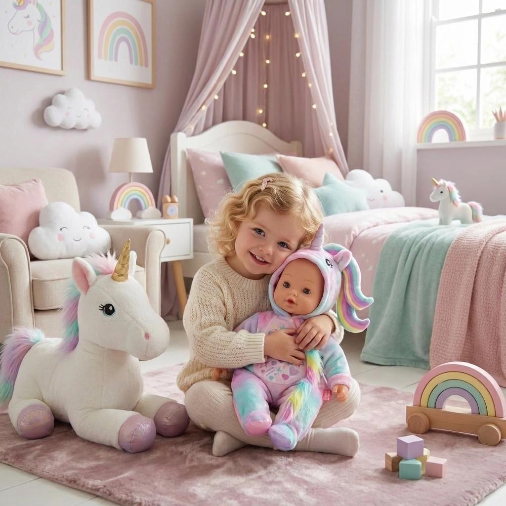 Smiling girl in cream sweater hugs baby doll dressed in unicorn outfit on pink rug in pastel bedroom.