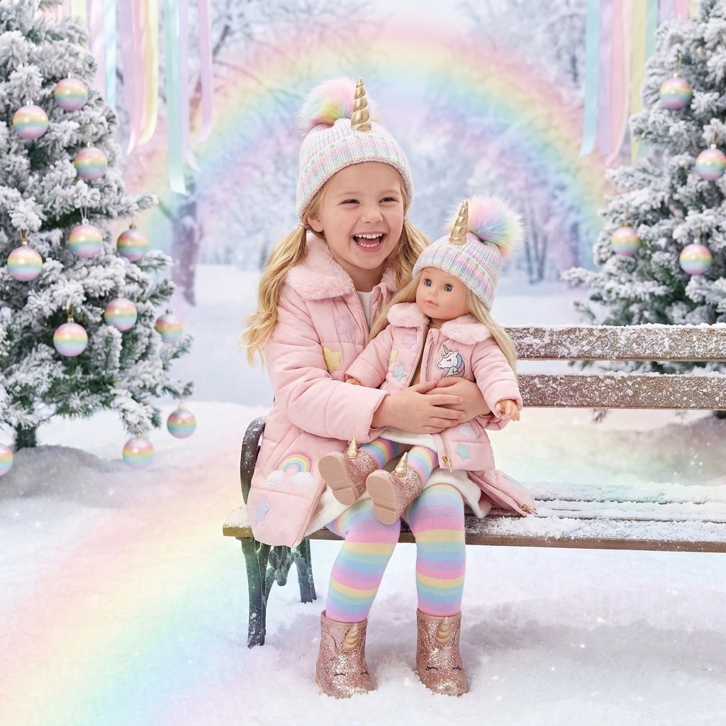 Smiling girl in pastel unicorn hat and coat holds matching doll on snowy bench with decorated trees.