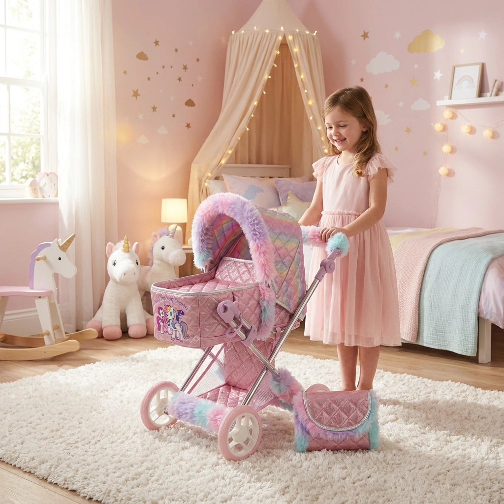 Pink and rainbow toy stroller with pastel fur trim and My Little Pony decoration, plus matching purse.