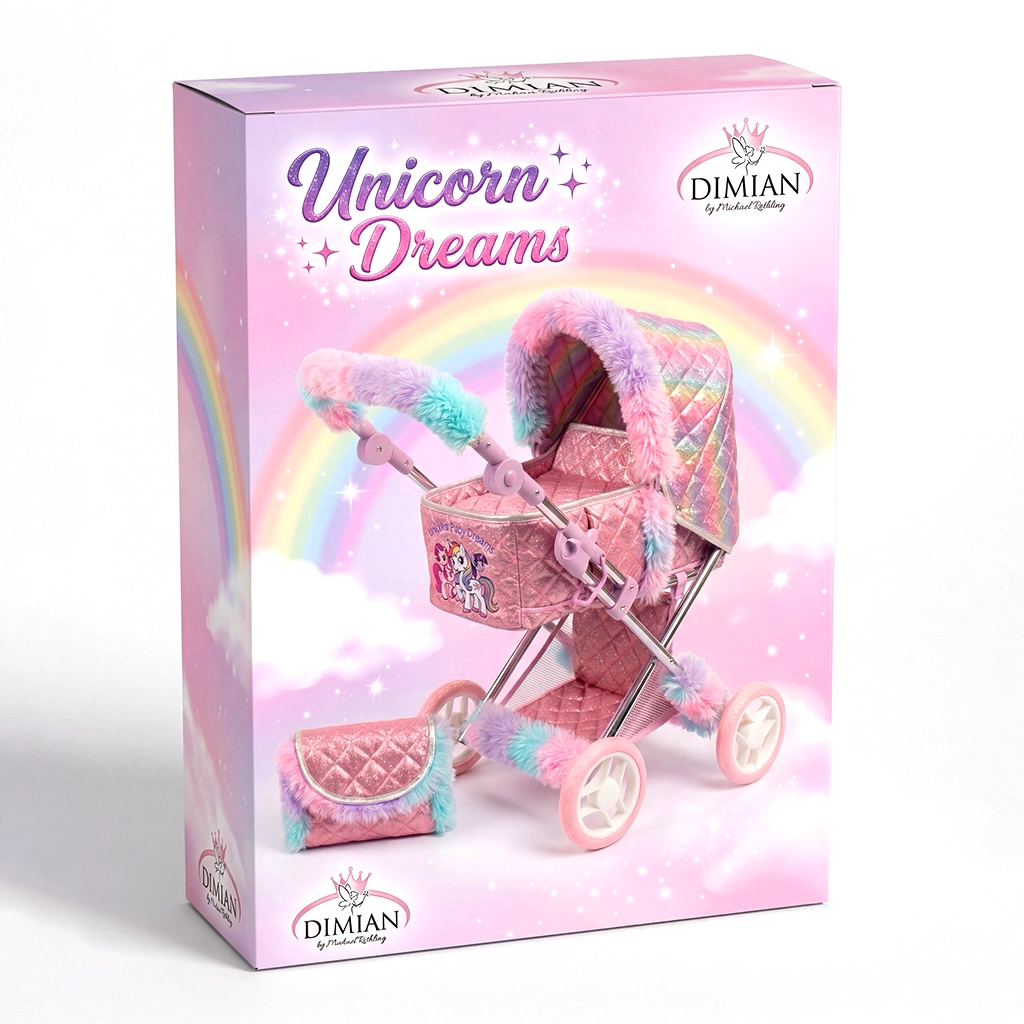 Pink toy stroller with fluffy rainbow handle and matching bag on a pastel rainbow background.