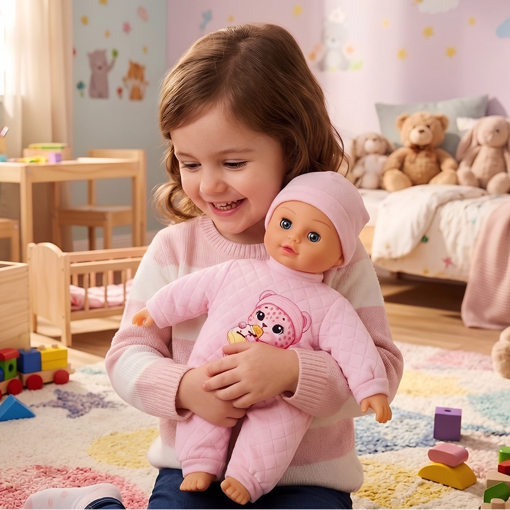 Smiling young girl holding a baby doll dressed in pink in a colorful children's playroom.