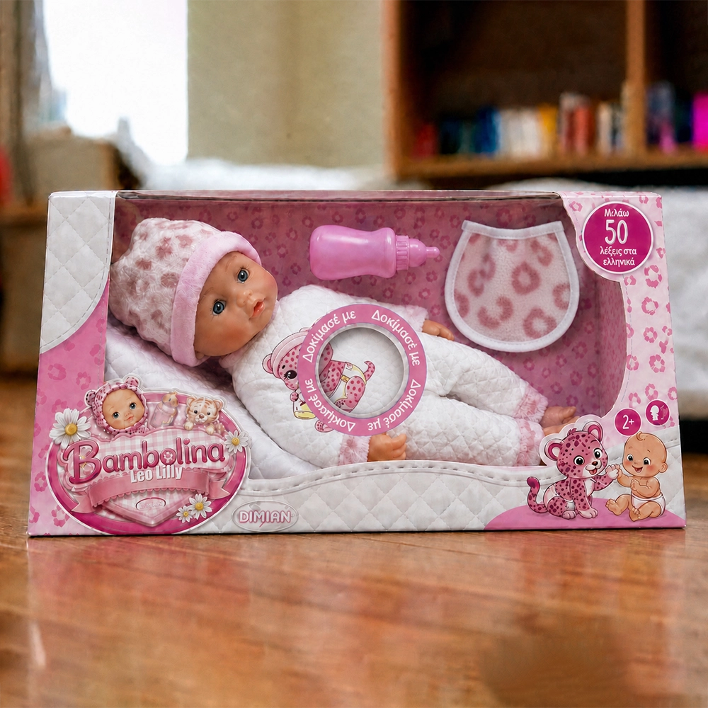 Bambolina Leo Lilly baby doll in white outfit with pink hat, bottle, and bib in pink-themed packaging.