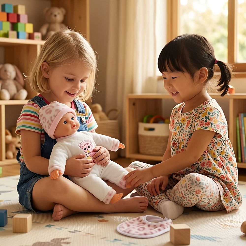 Two young girls sitting on play mat, one holding baby doll, playing together in sunny room.