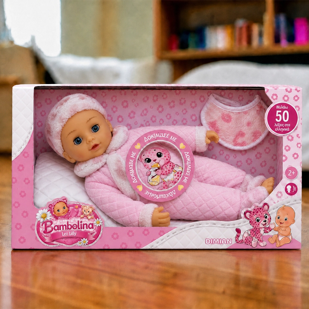 Bambolina Leo Lilly baby doll in pink outfit with bottle and bib in a pink and white box.