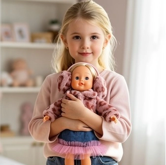 Young girl with blonde hair holding a doll dressed in a pink sweater and skirt.