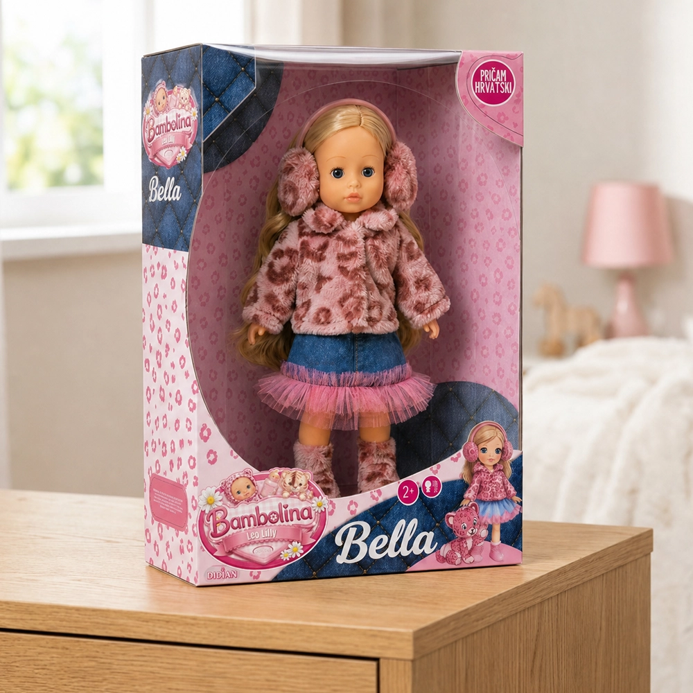 Bambolina Bella doll in pink leopard coat, earmuffs, boots, and denim skirt in pink and blue box.