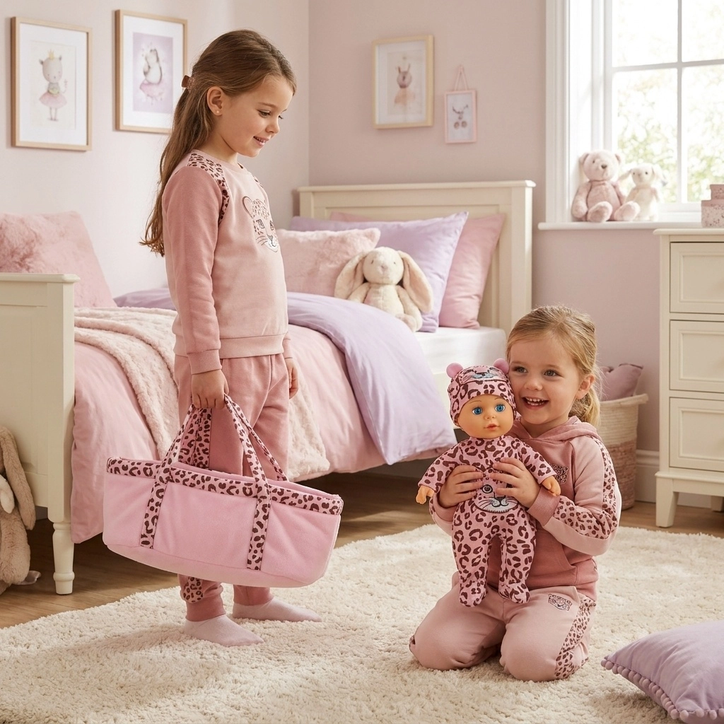 Two girls in pink pajamas play in a pastel bedroom with a matching doll and carrier bag.