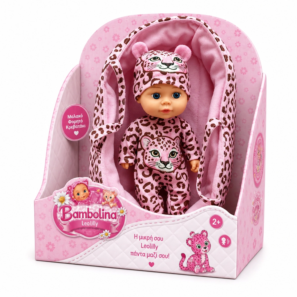 Baby doll dressed in pink leopard print outfit with hat, secured in matching soft pink carrier bed.