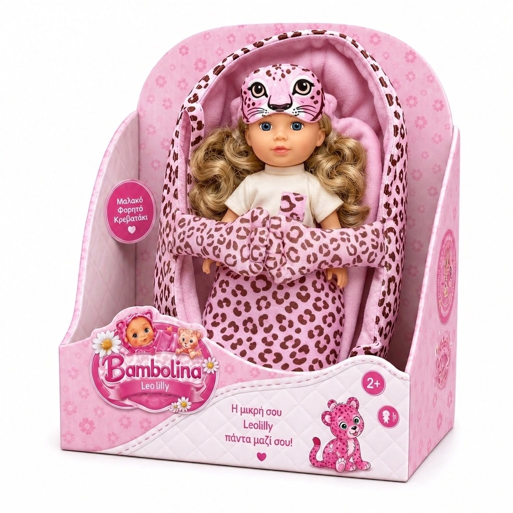 Bambolina baby doll Leo Lilly in pink leopard-print sleepwear and carrier bed toy for ages 2+.