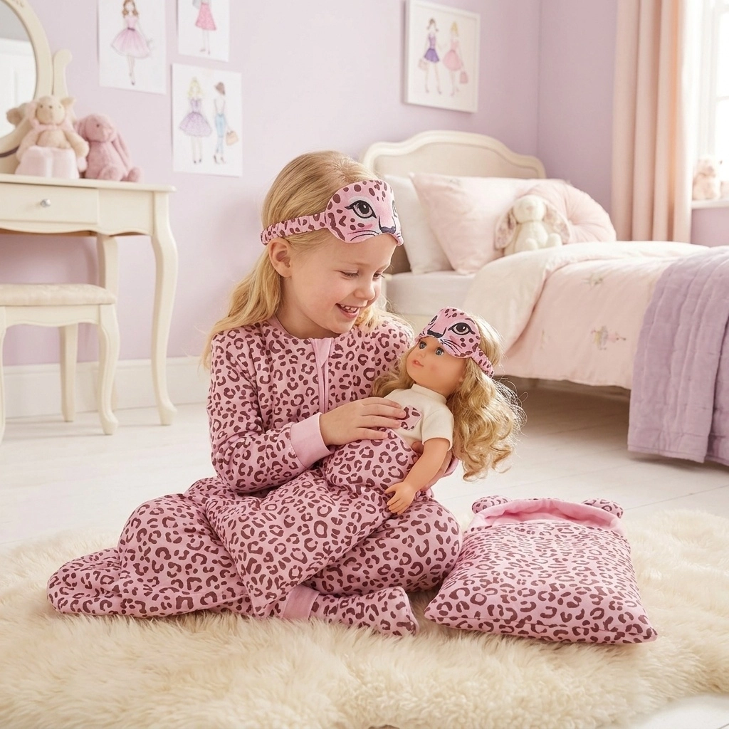 Girl in pink leopard pajamas and mask holding a doll with matching pajamas and mask on a furry rug.
