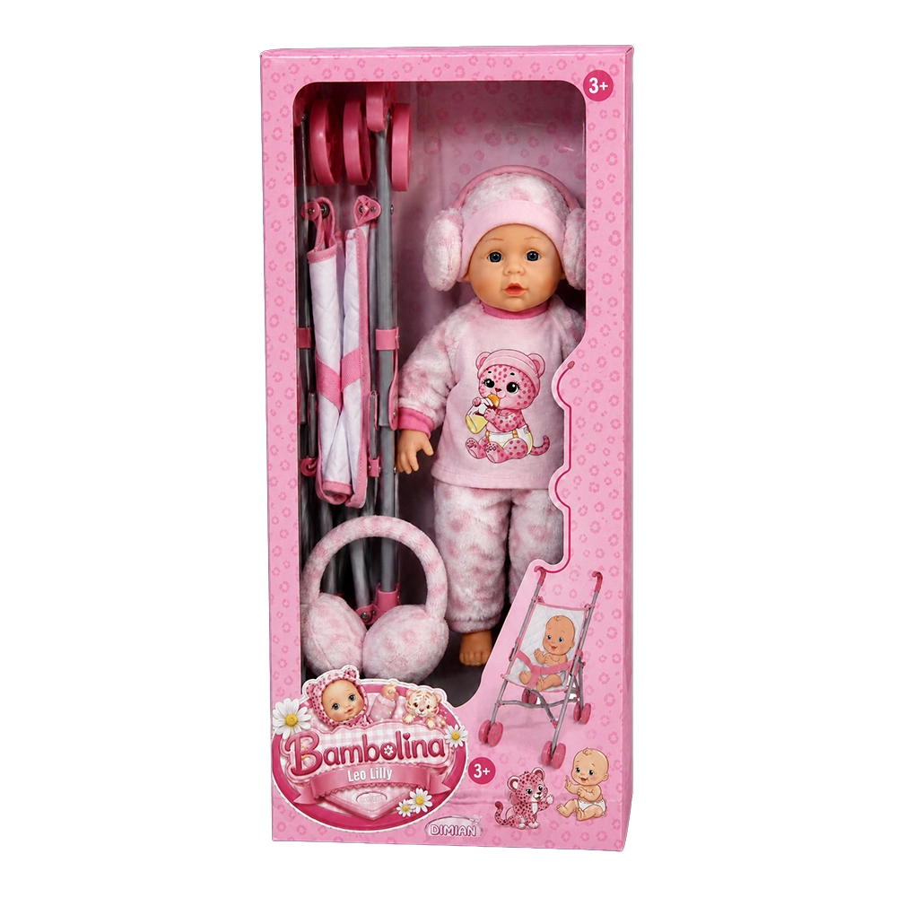 Baby doll in pink outfit with earmuffs, a stroller, and matching headphones in pink box.