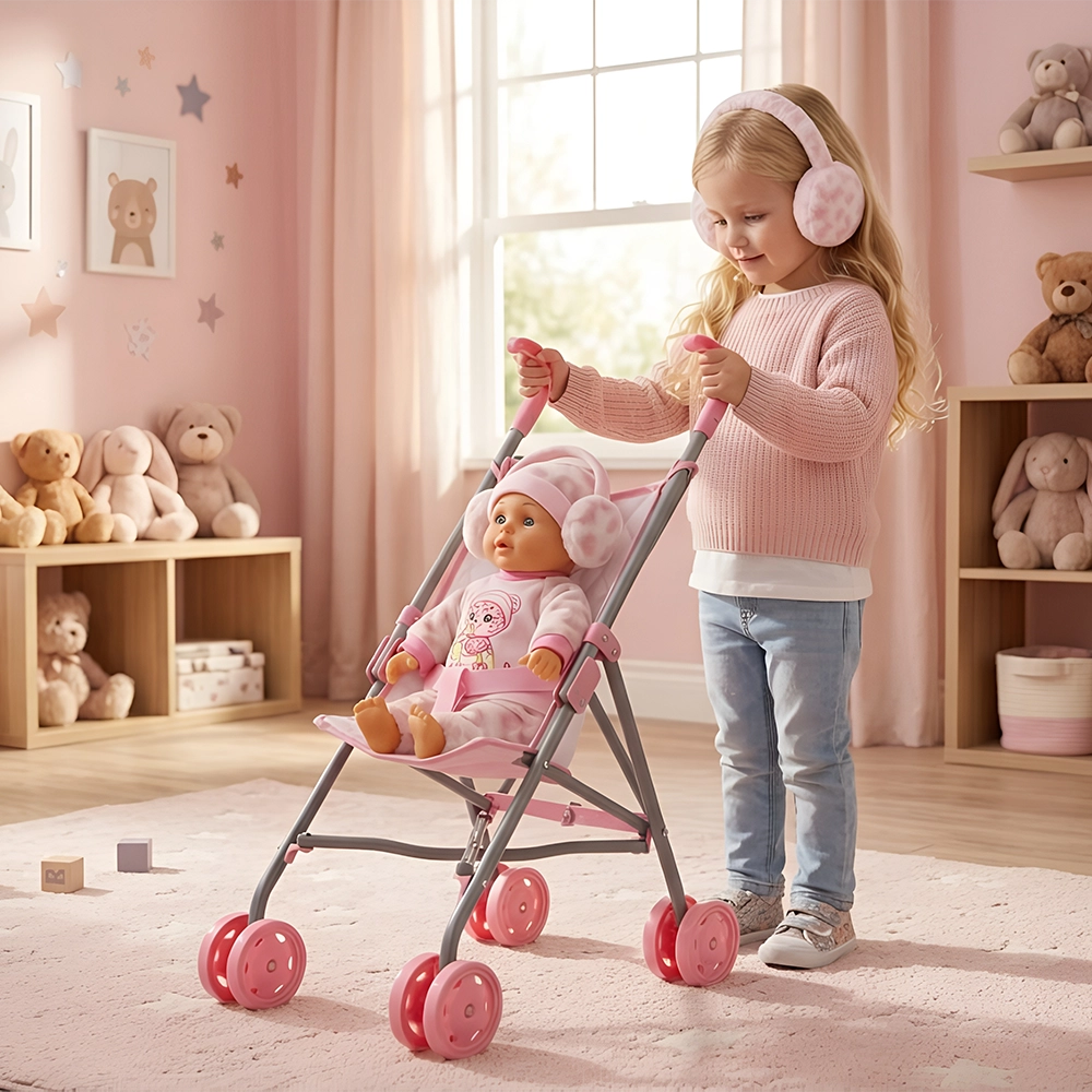 Young girl pushing a pink toy stroller with a doll wearing earmuffs in a pink-themed room.