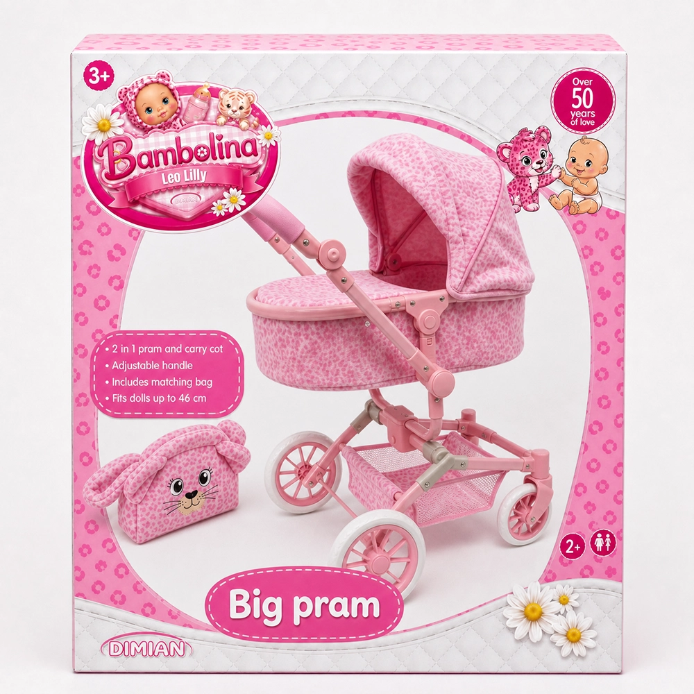 Pink toy pram with matching bunny-shaped bag in floral packaging labeled Big pram for dolls 3+.