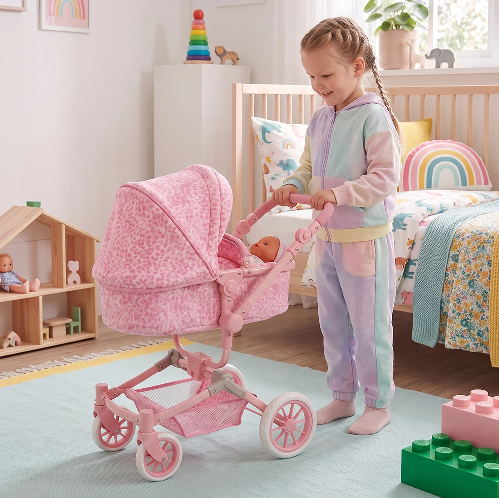 Smiling girl pushing a pink toy stroller with a doll inside in a colorful children's bedroom.