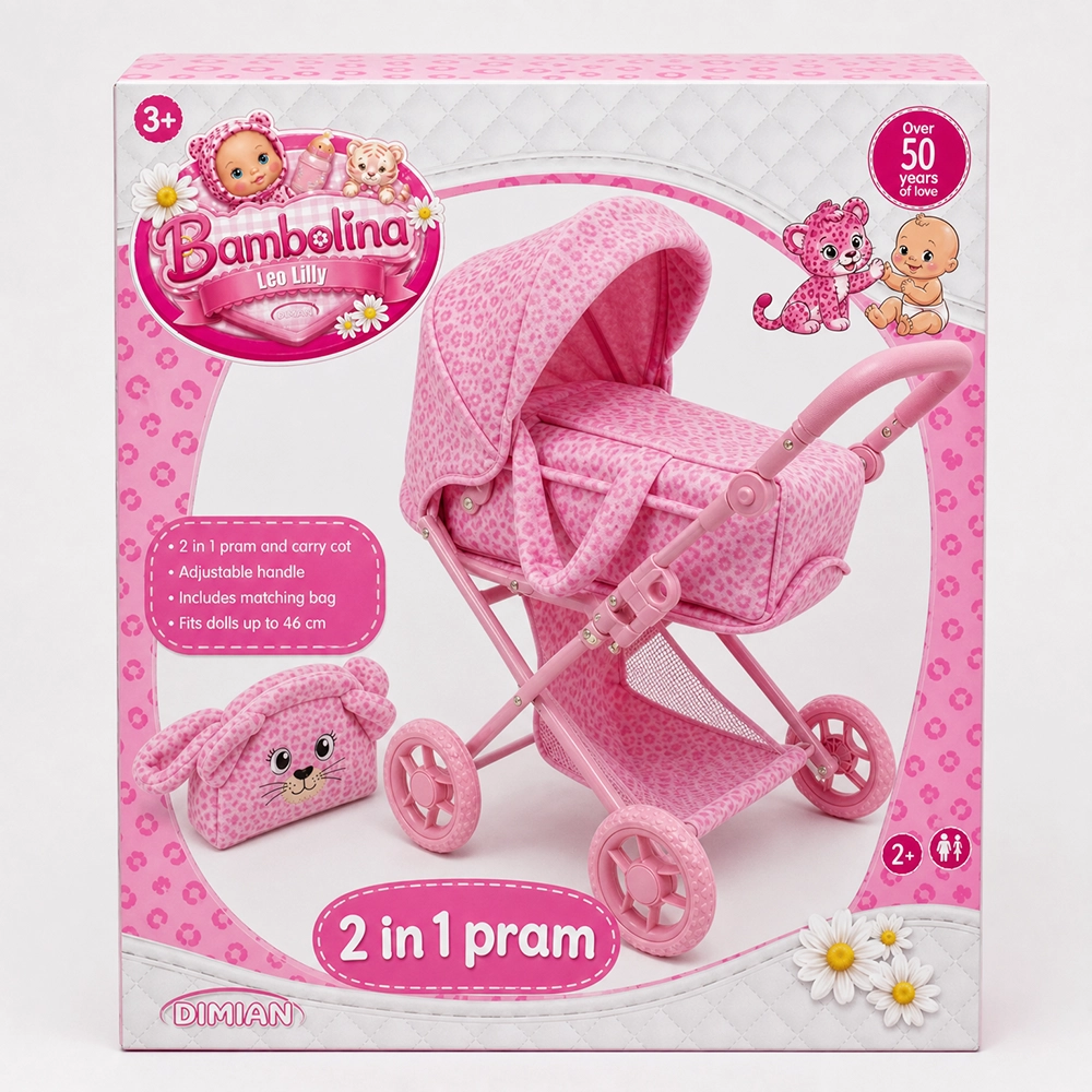 Pink 2-in-1 pram with matching bag for dolls up to 46 cm, adjustable handle, for ages 3+.