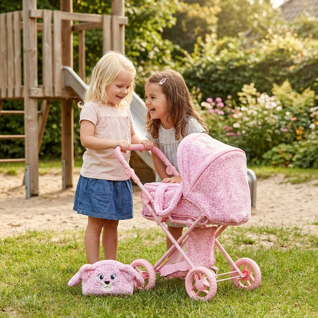 Two young girls playing outdoors with a pink toy stroller and a matching dog bag on grass.