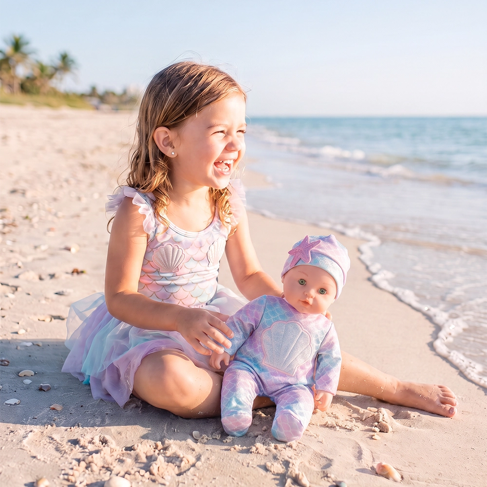 Young girl in pastel mermaid dress sitting on beach sand holding a baby doll in matching outfit.