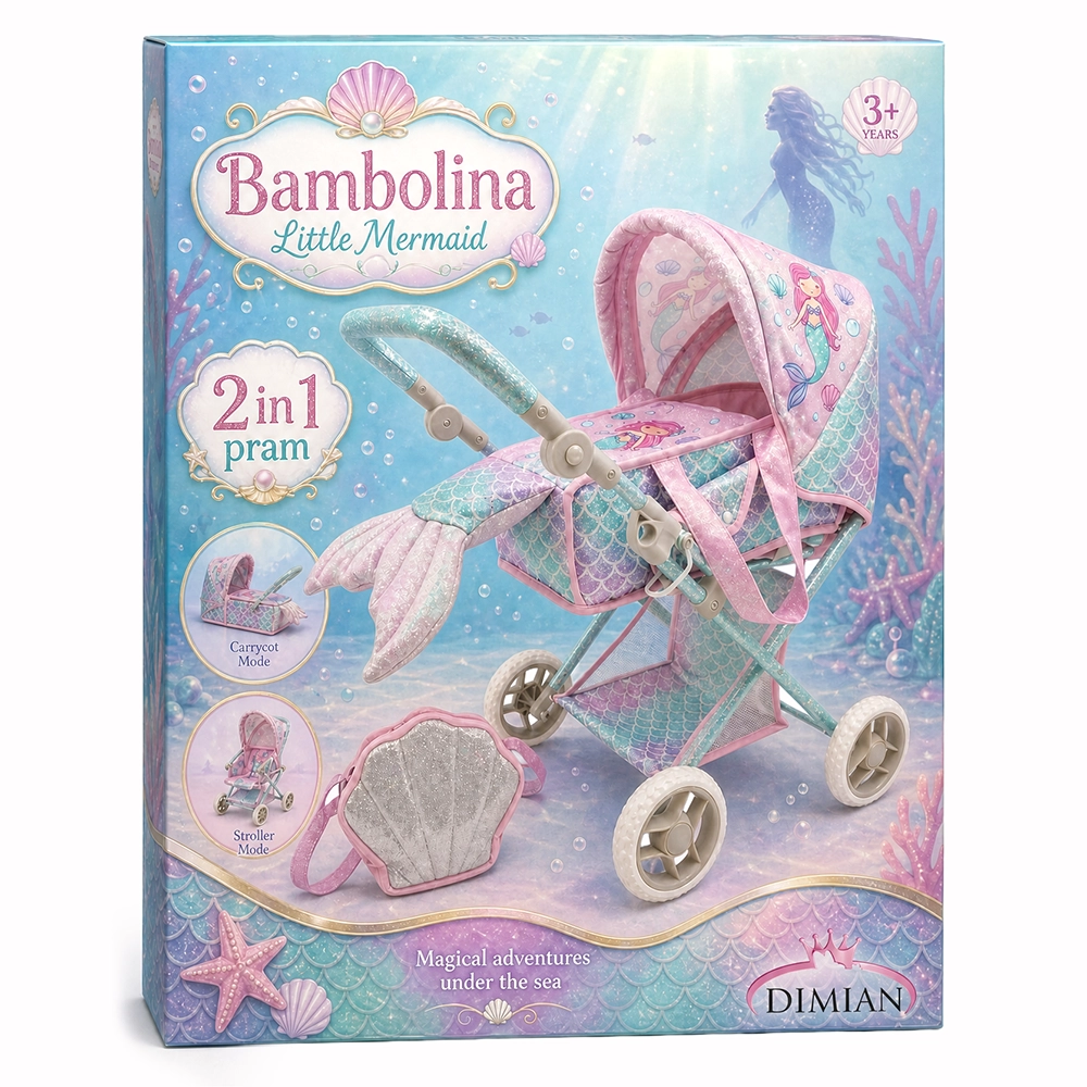 Box for Bambolina Little Mermaid 2-in-1 pram toy with mermaid-themed pink and blue stroller illustration.