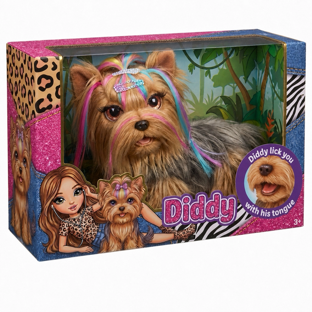 Toy dog named Diddy with colorful hair in a decorated box featuring jungle and denim patterns.