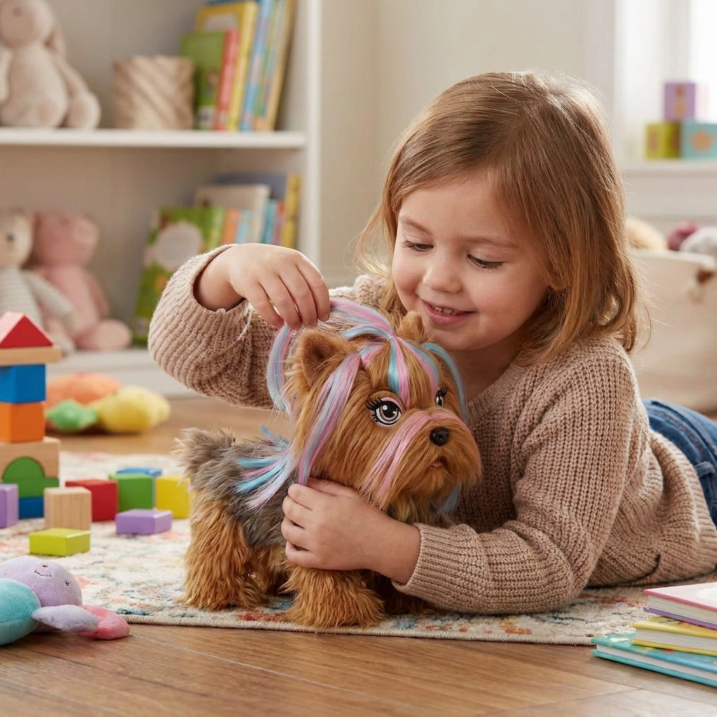 Child lying on floor playing with a toy dog with colorful hair in a cozy, book-filled room.