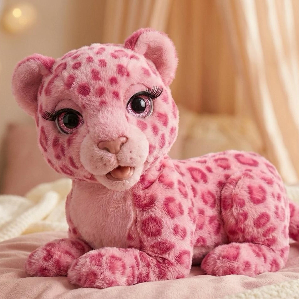 Pink plush leopard with red spots and large eyes lying on a bed with a beige background.