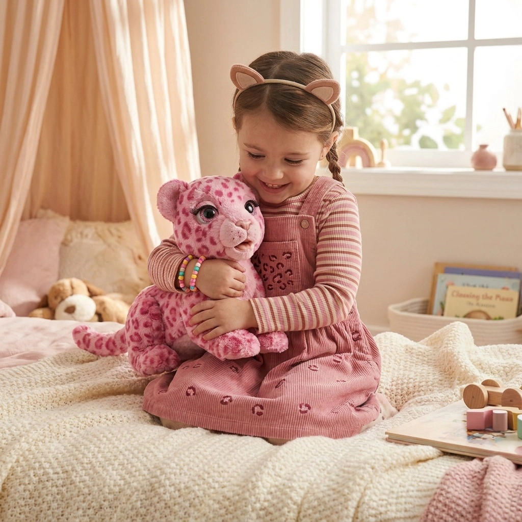 A smiling girl in pink dress hugs a pink spotted stuffed leopard while sitting on a bed.