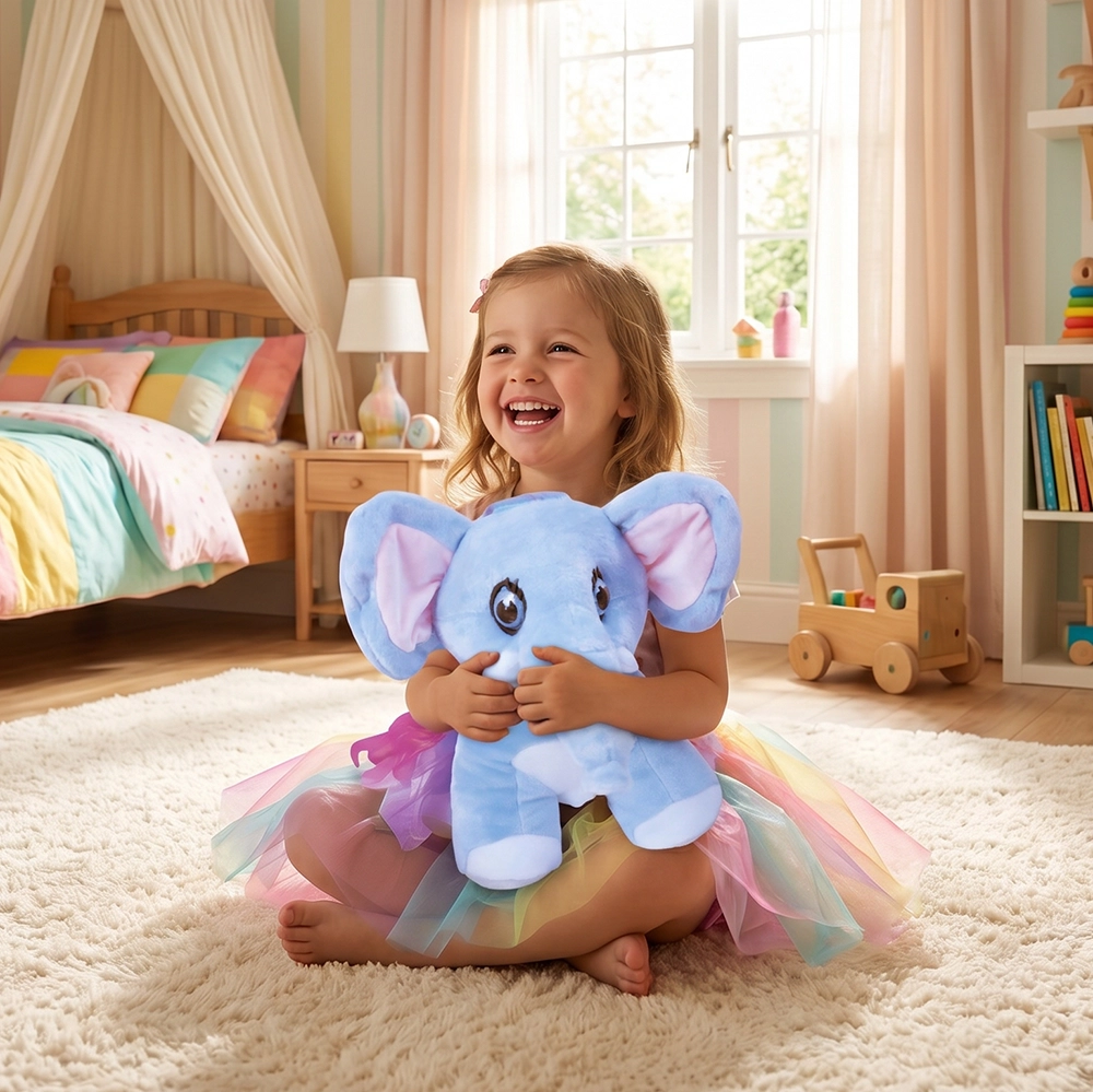 Smiling young girl in a colorful tutu holding a blue plush elephant while sitting on a white rug.