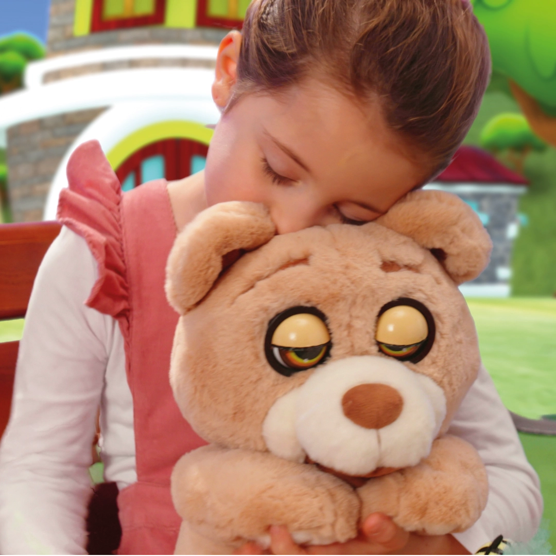 Young girl with closed eyes hugging a large plush bear with droopy eyelids outdoors.