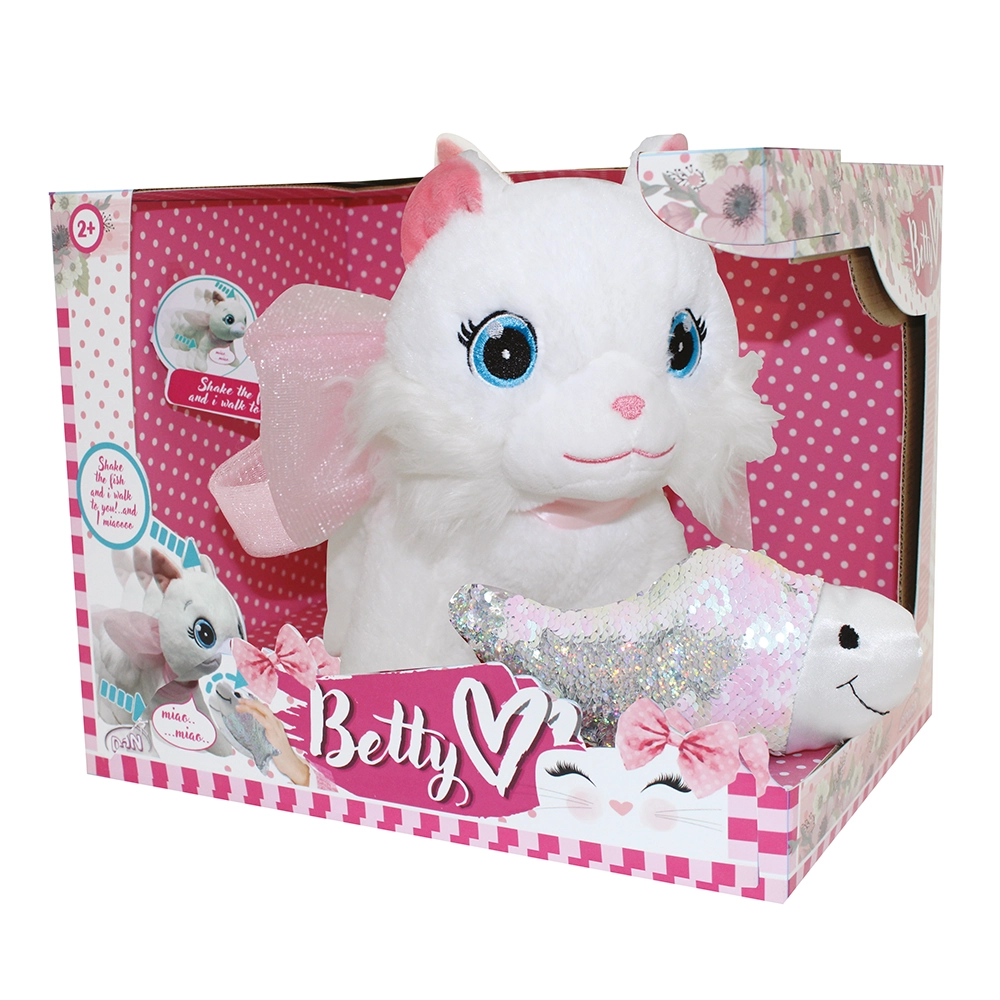 White plush cat toy with blue eyes and pink bow, packaged with a sparkly fish toy in pink box.