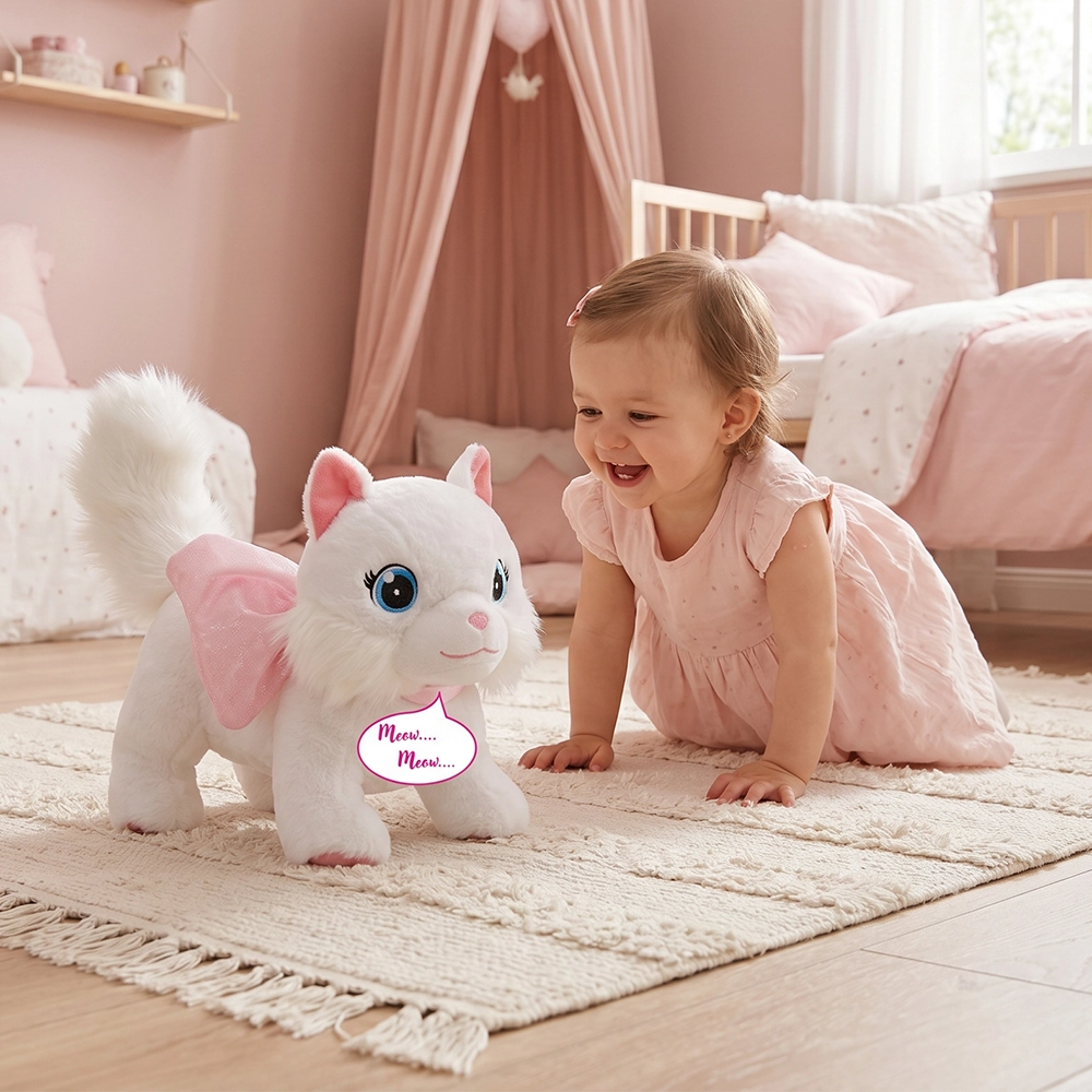 Toddler girl in pink dress smiling at a white plush cat toy with pink wings on a cream rug.