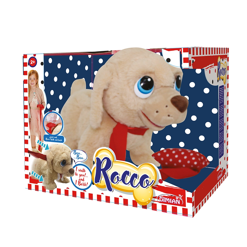 Toy dog named Rocco with blue eyes and red collar in box, child shown playing with it
