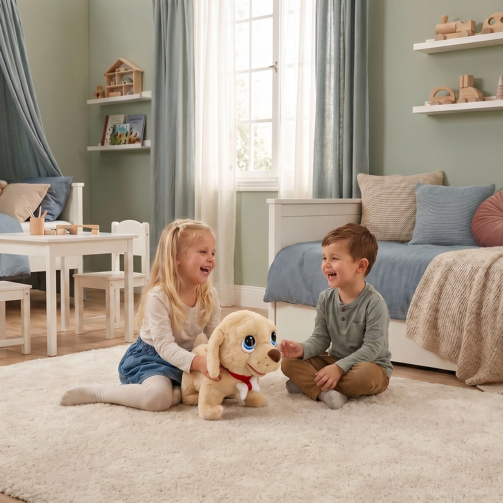Two children laughing and playing with a plush dog toy on a white rug in a cozy bedroom.