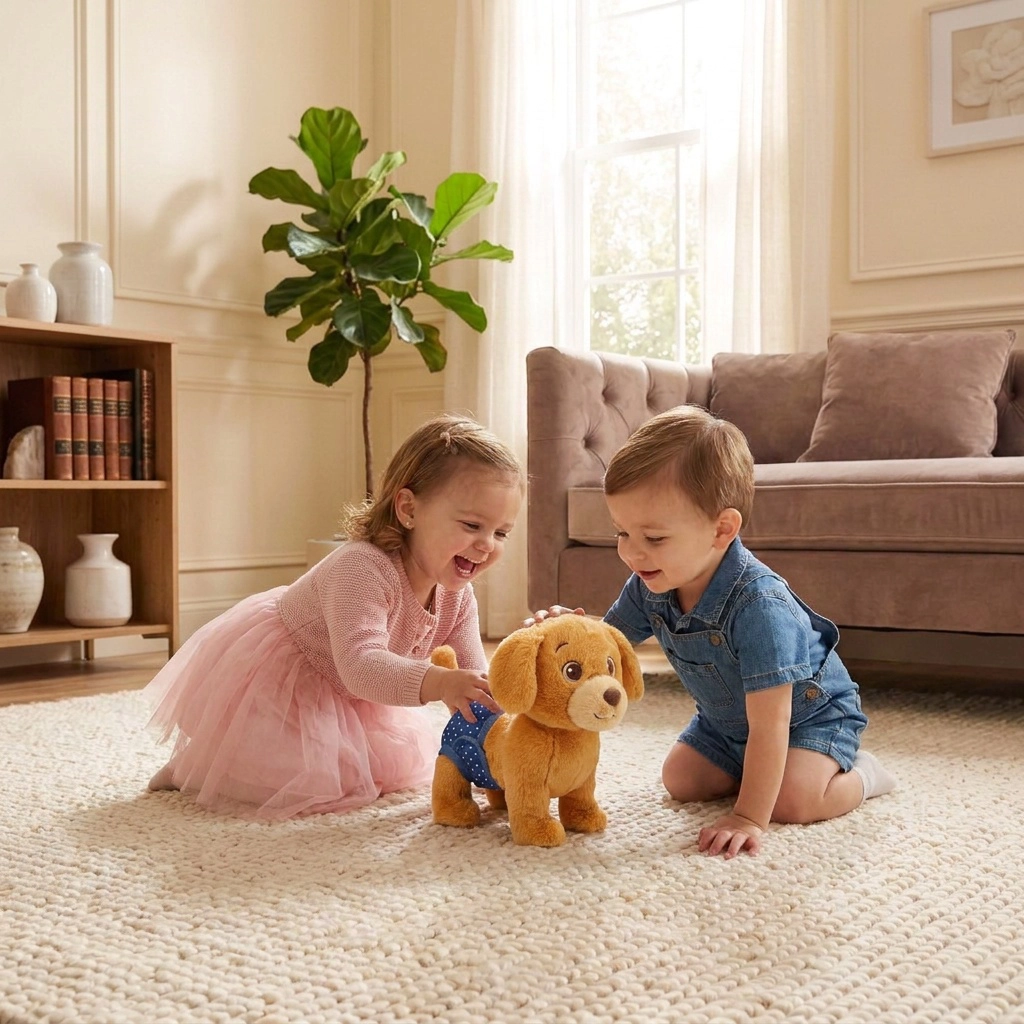 Stuffed puppy in blue polka dot diaper inside a pink and blue Baby Rocco toy box.