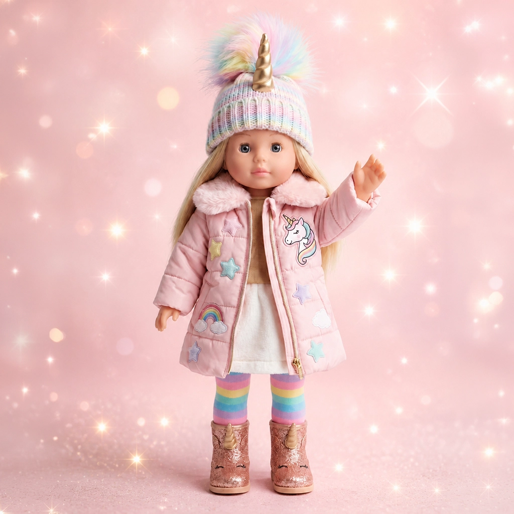 Child doll with long blond hair wearing a pink unicorn-themed coat, hat, rainbow leggings, and boots.