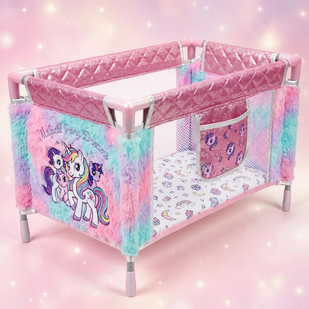 Pink and pastel playpen with unicorn designs, mesh sides, and quilted top edges for children.
