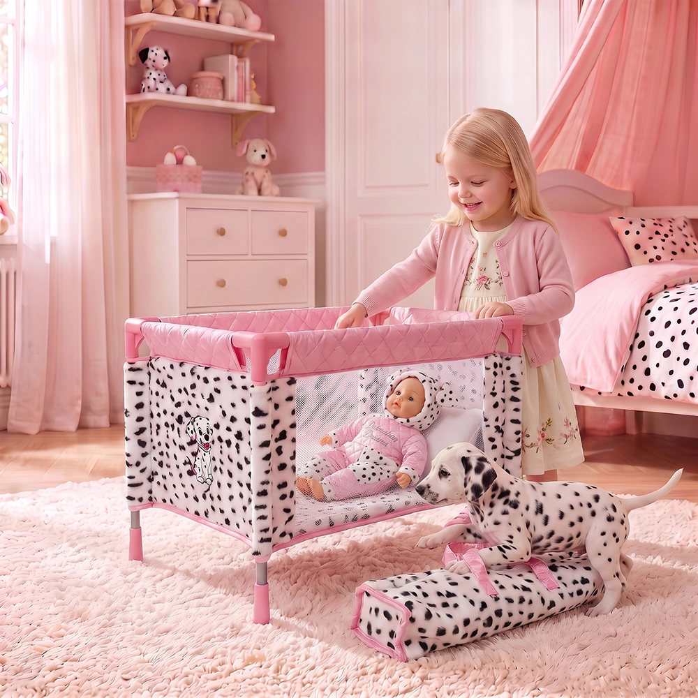 Smiling girl stands by a pink spotted playpen with a doll inside and a Dalmatian puppy nearby.