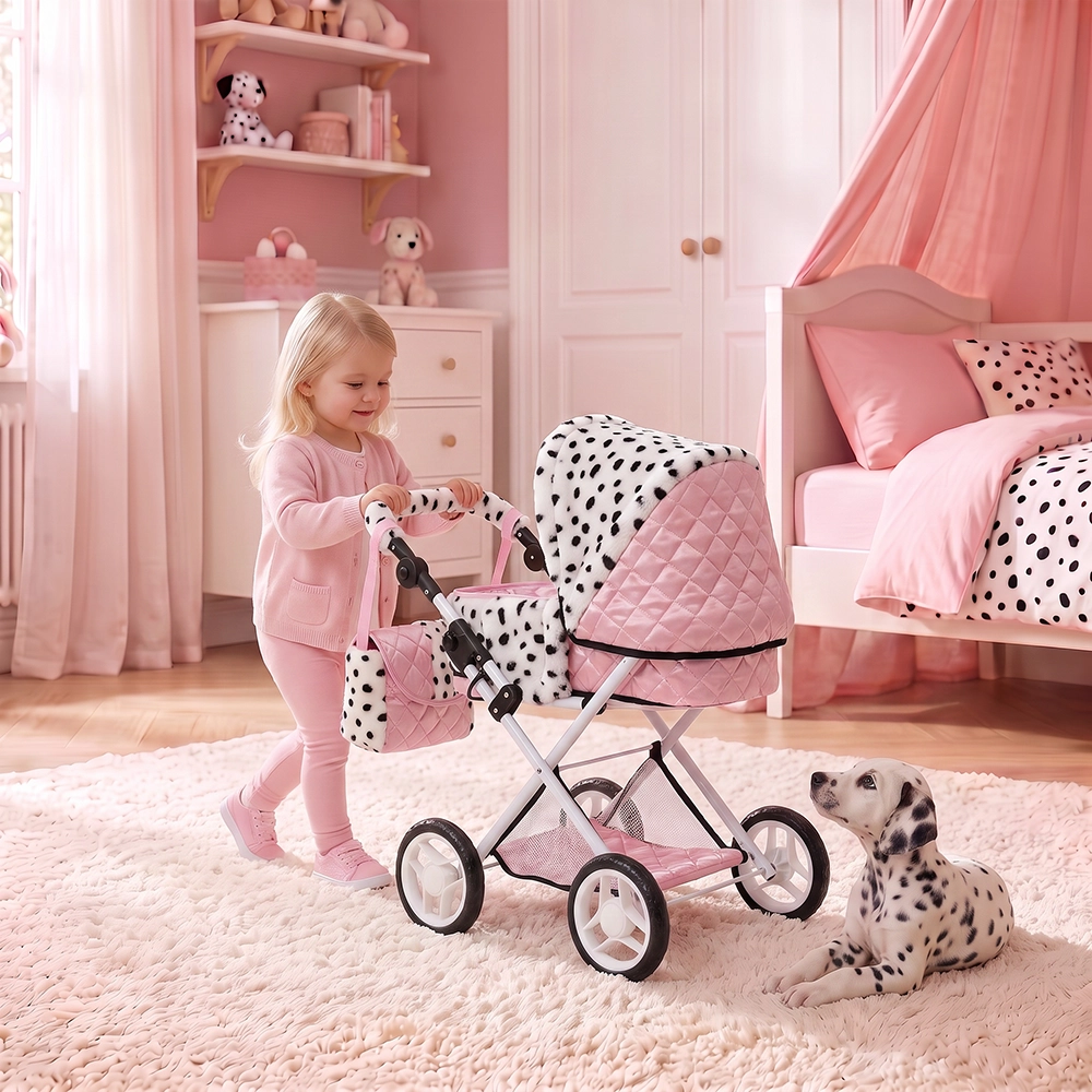 Little girl in pink pajamas pushing a pink doll stroller while a Dalmatian puppy lies on the rug.