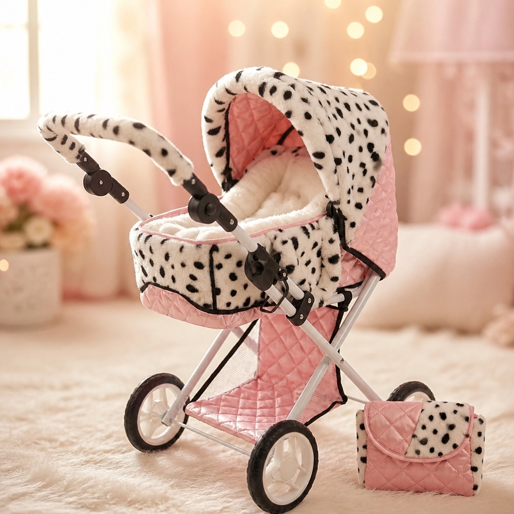 Pink and white toy stroller with Dalmatian print cushion and matching pink bag on wheels.