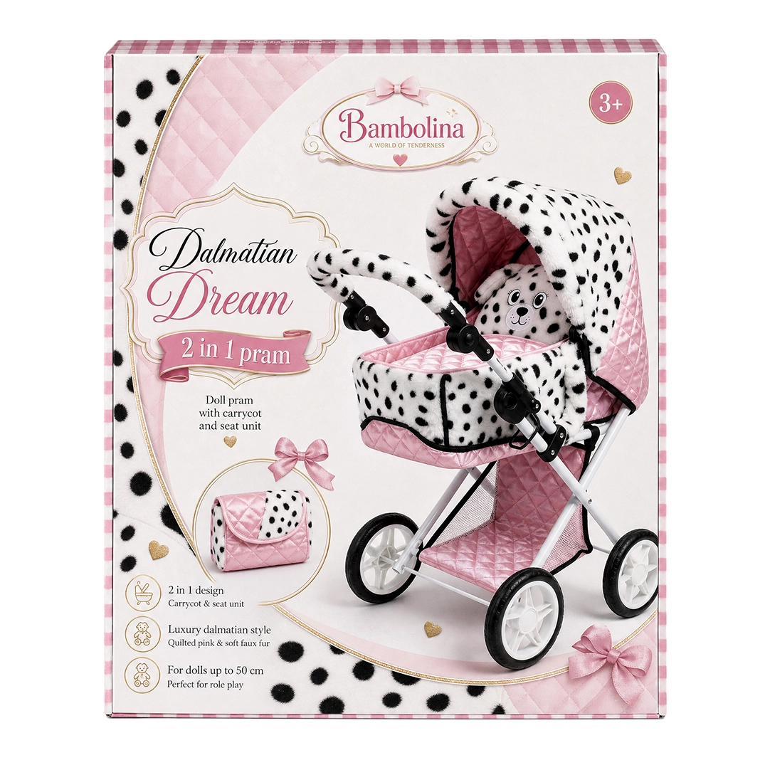 Bambolina Dalmatian Dream 2-in-1 doll pram with carrycot and seat, pink quilted with spotted faux fur.