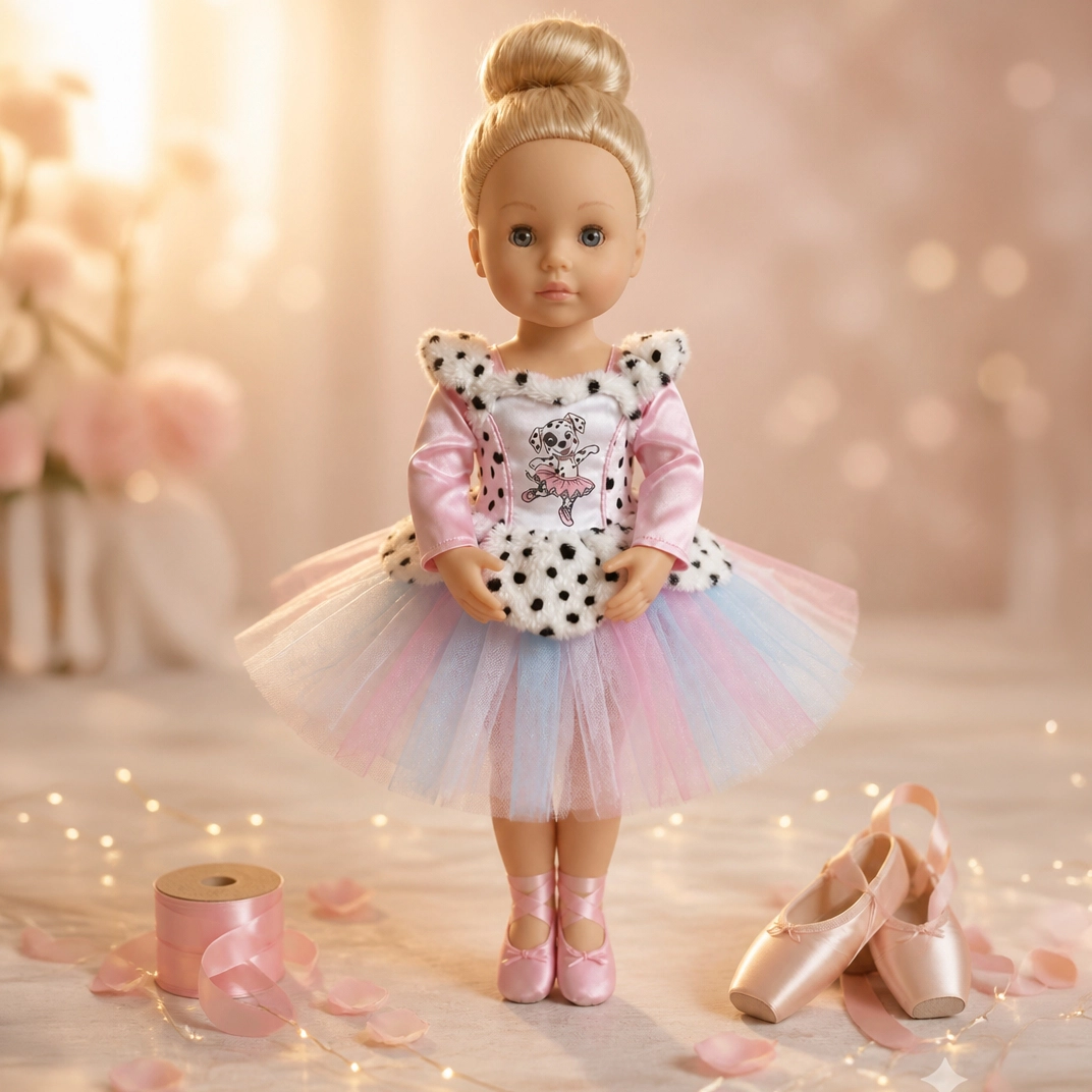 Blonde doll in a pink ballerina outfit with Dalmatian spots and pastel tutu standing on white surface.