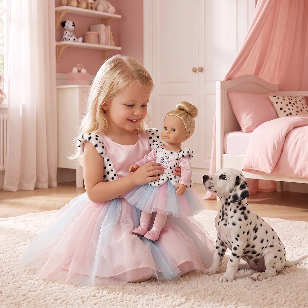 Smiling girl in pink dress holding matching doll with a Dalmatian puppy sitting on carpet nearby.