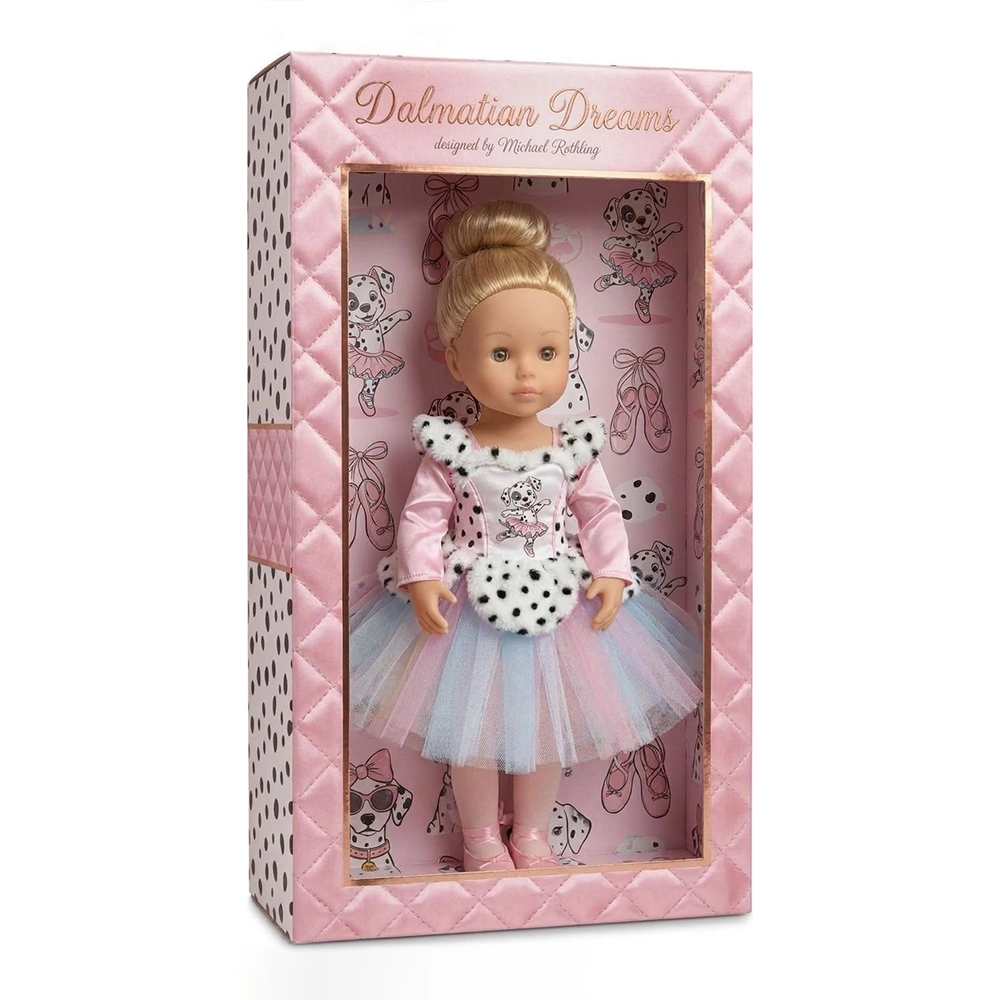 Ballerina doll in pink Dalmatian-themed dress inside pink box with Dalmatian illustrations.
