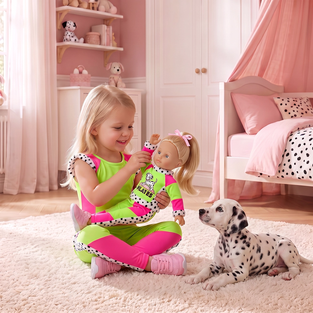 Smiling girl in colorful outfit holds matching doll while a Dalmatian puppy watches on a rug.