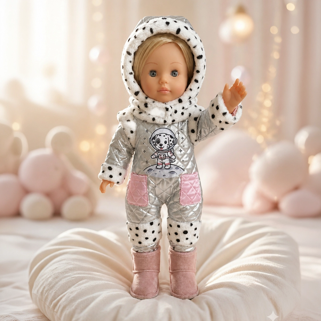 Doll in silver space suit with Dalmatian spots and pink boots in decorated box labeled Dalmatian Dreams.