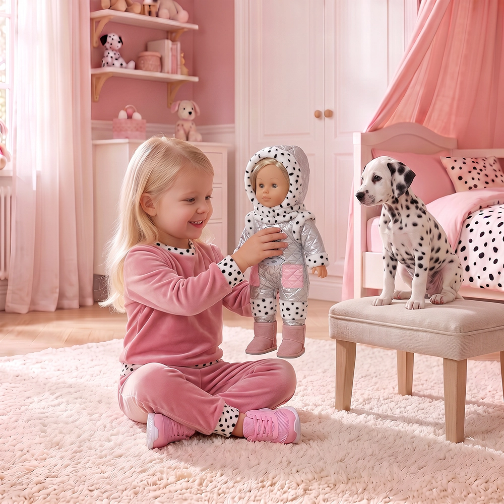 Smiling girl in pink pajamas holding a doll near a Dalmatian puppy sitting on a stool in a pink room.