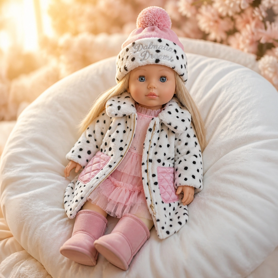 Doll wearing a pink hat, spotted white coat with pink pockets, pink dress, and pink boots.