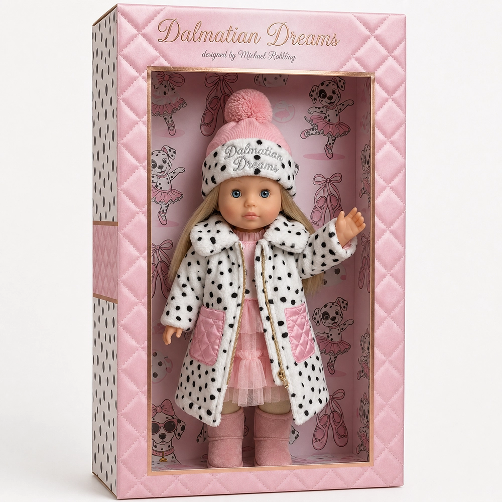 Doll with long blonde hair wearing pink hat, spotted coat, pink dress, and boots in pink Dalmatian Dreams box.